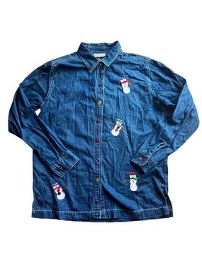 Vintage Coldwater Creek Denim Button Down Shirt Snowman Embroidered Top Size L